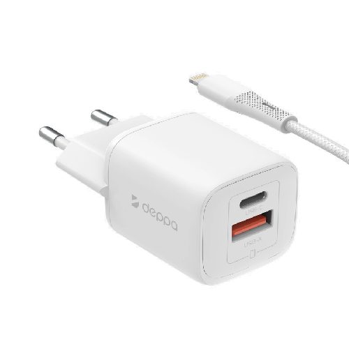 СЗУ Deppa USB-C-USB-A + Дата-кабель Type-C/Lightning 20W QC 4.0 White (11499) фото 